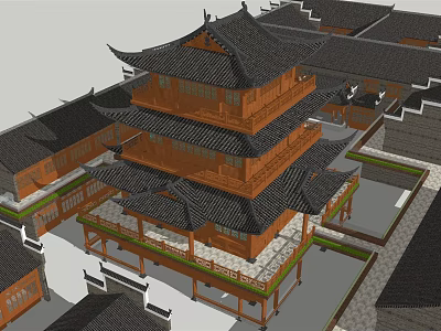 Traditional Chinese Ancient Architecture Featuring Multi Story Pavilion With Overhanging Eaves And Wooden Structure 3d model