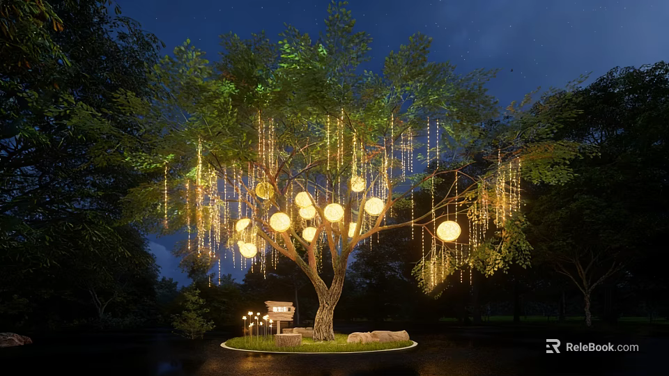 Decorative Lights Hanging From Tree With Round Lanterns And String Lights In Night Garden 3d model 