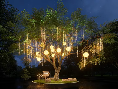 Decorative Lights Hanging From Tree With Round Lanterns And String Lights In Night Garden 3d model