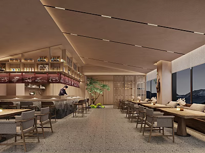 Traditional Style Restaurant Interior With Wooden Tables Chairs Bar Counter And Green Plants 3d model