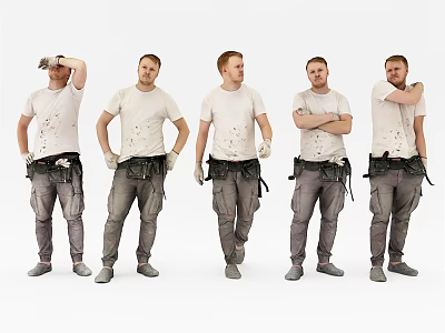Men In White Stained T Shirts Gray Pants With Tool Belts Showing Different Poses 3d model Men In White Stained T Shirts Gray Pants With Tool Belts Showing Different Poses 3d model