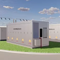 Outdoor Charging Station With Multiple White Units Yellow Warning Signs And Roadside Green Grass Trees