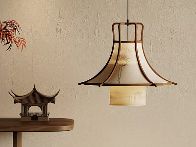 Traditional Chinese Pendant Light With Wooden Frame Beige Lampshade And Decorative Pavilion Model 3d model