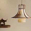 Traditional Chinese Pendant Light With Wooden Frame Beige Lampshade And Decorative Pavilion Model