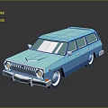 Blue Vintage Station Wagon Car With Retro Front Grille And Classic Wheels