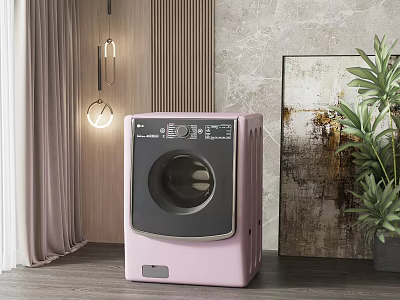 Modern Pink Washing Machine Interior With Stylish Wall Art And Green Plant 3d model