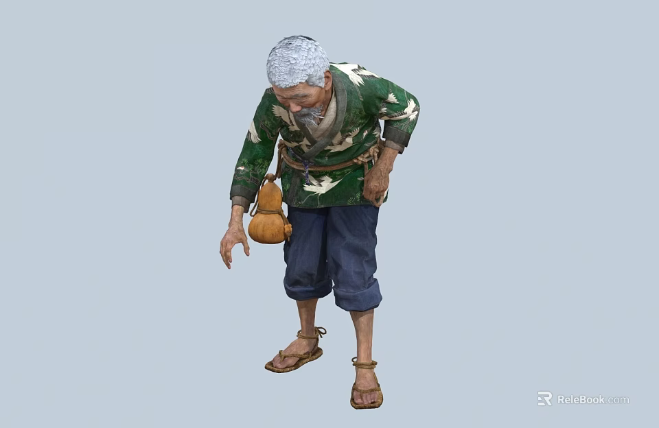 Old Man Wearing Camouflage Jacket Blue Pants And Sandals With Gourd At Waist 3d model 