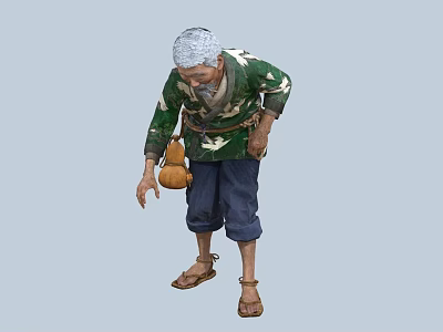 Old Man Wearing Camouflage Jacket Blue Pants And Sandals With Gourd At Waist 3d model