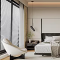 Modern Minimalist Bedroom Interior With Large Bed Black Headboard White Bedding And Wardrobe