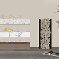 Modern Marble Fireplace Design with Wood Stack and Decorative Indoor Plants