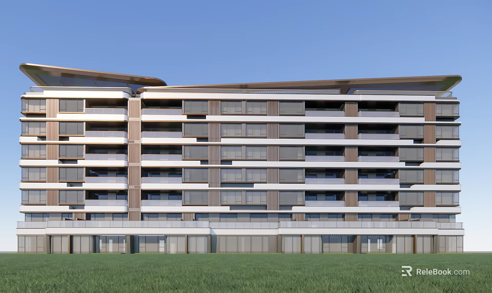 Modern Multi storey Building Exterior Design With Balconies Gray Brown Facade And Green Grassland 3d model 