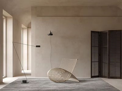 Natural Wicker Leisure Chair In Minimalist Interior With Floor Lamp And Area Rug 3d model