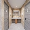 Public Restroom Interior Design With Tiled Walls Stalls Vanity Mirror And Natural Light