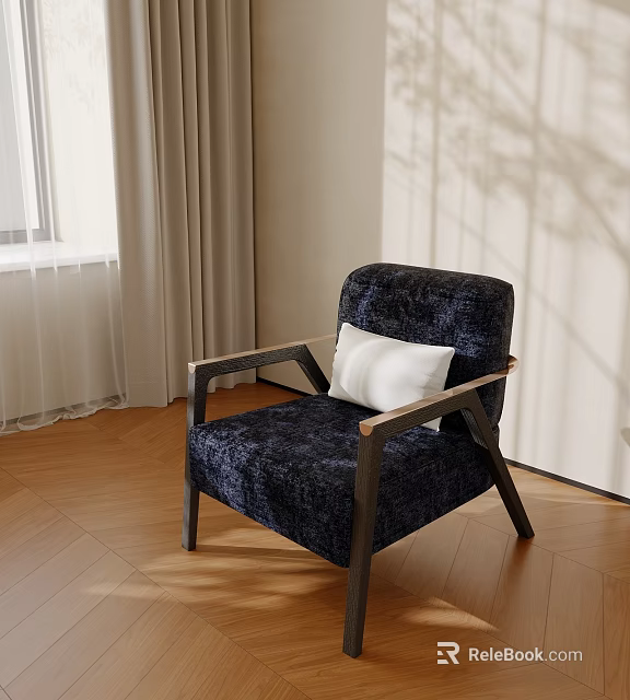 Elegant Navy Blue Velvet Armchair With Wooden Arms White Cushion And Wooden Floor 3d model 