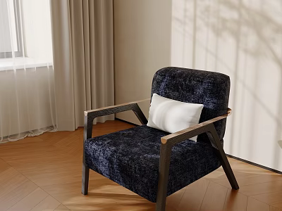 Elegant Navy Blue Velvet Armchair With Wooden Arms White Cushion And Wooden Floor 3d model
