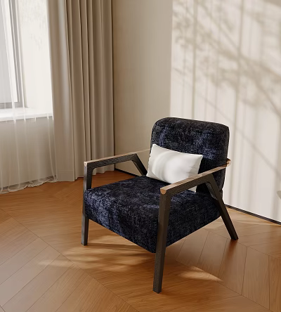 Elegant Navy Blue Velvet Armchair With Wooden Arms White Cushion And Wooden Floor 3d model