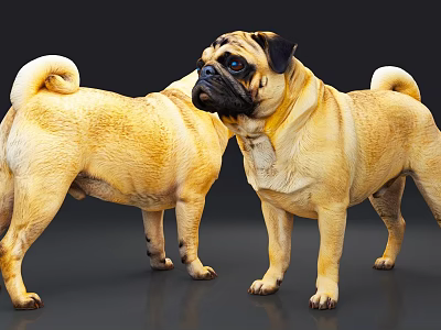 Two Fawn Colored Pugs Standing With Curled Tails And Expressive Faces 3d model