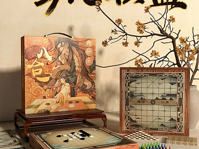 Traditional Chinese Board Game Entertainment With Go Chess Sets And Wooden Game Boards 3d model