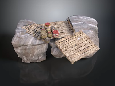 Rustic Rock Formation With Wooden Planks Platform And Metal Cans 3d model