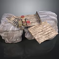 Rustic Rock Formation With Wooden Planks Platform And Metal Cans