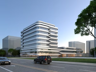 Modern Multi Storey Office Building Design With Curved Facade Street Vehicles And Trees 3d model