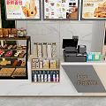 Modern Reception Counter Interior with Milk Tea Bread Shelves Drinks Cash Register and Green Plants