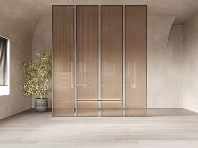 Sleek Modern Room Divider With Vertical Slats In Interior Space With Curved Walls And Greenery 3d model