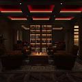 Cigar Bar Lounge Interior With Dark Decor Red Walls Elegant Statue And Patterned Floor 3d model