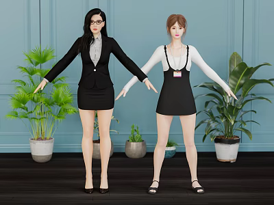 Two Women In Business Suit And Casual Dress With Indoor Plants 3d model