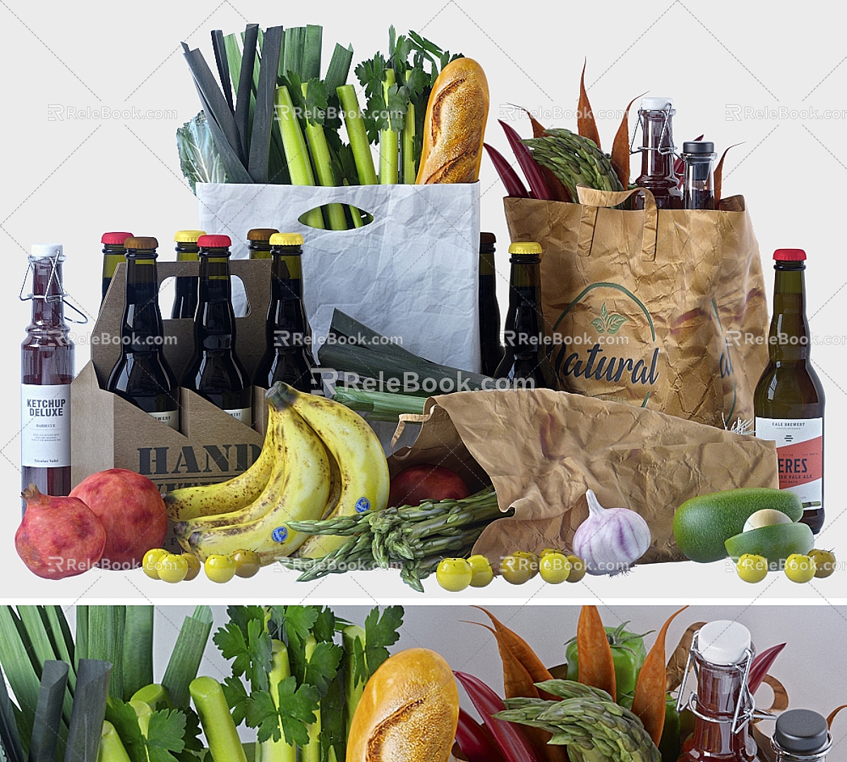 Modern fruit vegetable combination modern food fruit vegetable dish banana carrot beer garlic paper bag bag bread 3d model