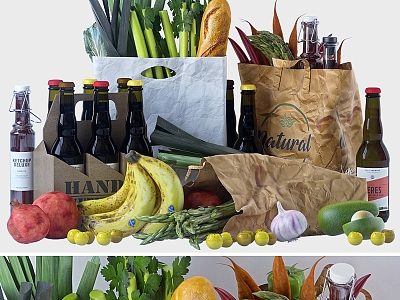 Modern fruit vegetable combination modern food fruit vegetable dish banana carrot beer garlic paper bag bread 3d model