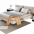Modern Double Bed with Pillows and Blankets on Striped Rug Near Nightstands Lamp and Magazine