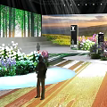 Floral Installation Design For Exhibition Space With Colorful Flowers Green Plants And Lighting Effects