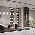 Modern Reception Desk Interior Design With Marble Countertop And Pendant Lights 3d model