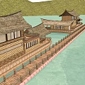 Scenic Waterfront Area With Traditional Wooden Buildings And Covered Boats Near Mountains