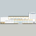 Modern Public Building With Glass Facade Stone Exterior Landscaping Water Feature And Entrance Steps