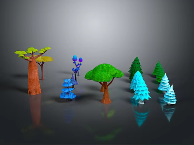 3D Rendered Cartoon Style Trees With Various Colors And Different Shapes 3d model