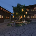 Traditional Courtyard Garden at Night with Hanging Lanterns Pond Rocks and Lighting