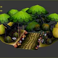 Cartoon Style Forest Scene With Green Trees Yellow Fruits Brick Path Stones And Flowers