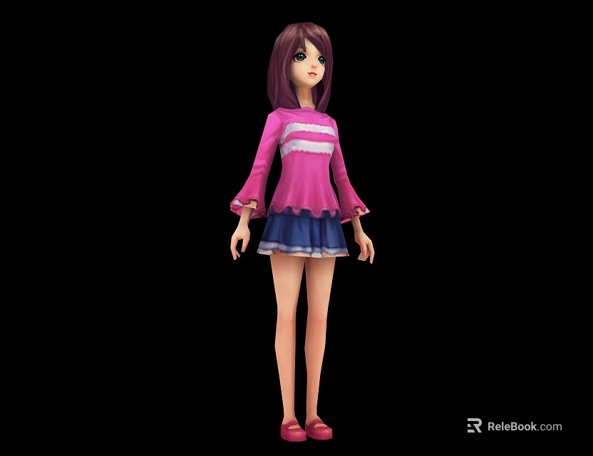 Game and Movie Character with Purple Hair Pink Striped Top Blue Skirt and Red Shoes 3d model 