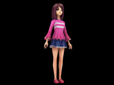 Game and Movie Character with Purple Hair Pink Striped Top Blue Skirt and Red Shoes 3d model