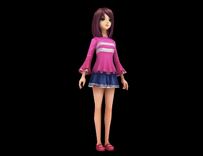 Game and Movie Character with Purple Hair Pink Striped Top Blue Skirt and Red Shoes 3d model
