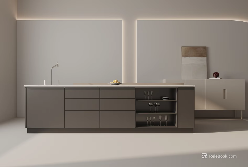 Modern Kitchen Interior With Gray Island Counter Sink And Cabinets 3d model 