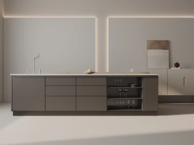Modern Kitchen Interior With Gray Island Counter Sink And Cabinets 3d model