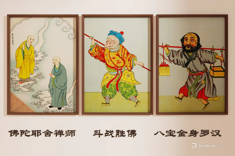 Three Traditional Chinese Figure Paintings Depicting Buddhist Mythological Characters in Frames 3d model 