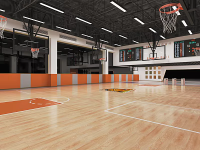 Basketball Gym With Wooden Floor Multiple Hoops Orange Gray Padding Scoreboards And Ceiling Lights 3d model