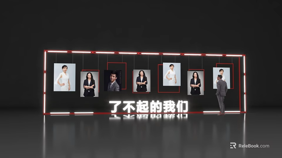 Modern Event Exhibition Wall With Portrait Photos 'Amazing Us' Theme And Viewer Standing 3d model