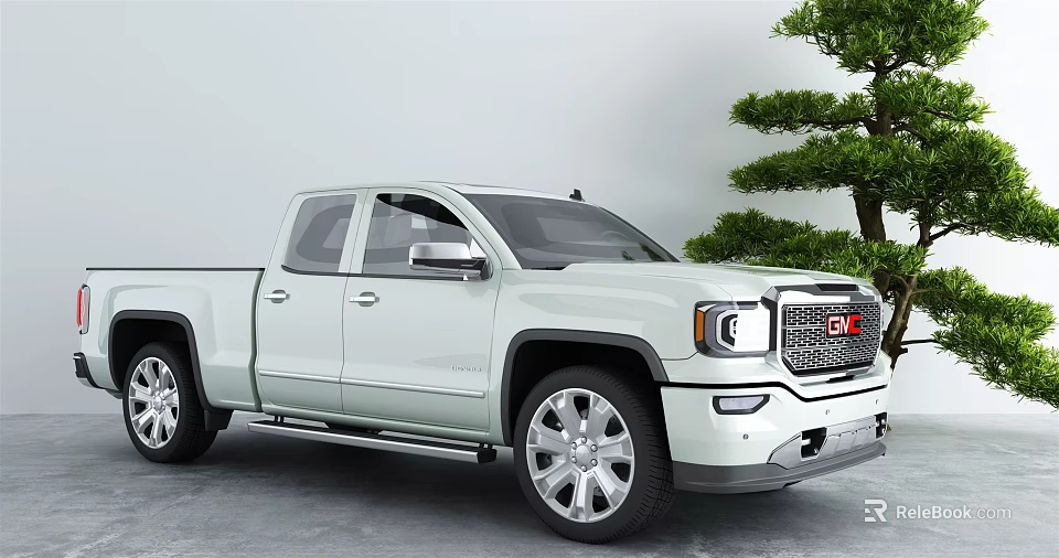 White GMC Double Cab Pickup Truck With Shiny Wheels And Green Tree 3d model 
