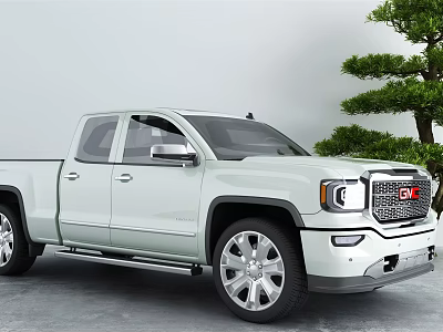White GMC Double Cab Pickup Truck With Shiny Wheels And Green Tree 3d model