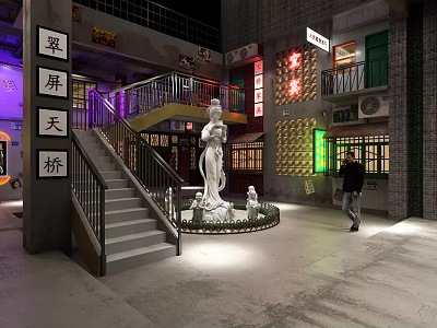 Vintage Commercial Street With Wangping Overpass Statue Neon Signs Staircase And Building Windows 3d model